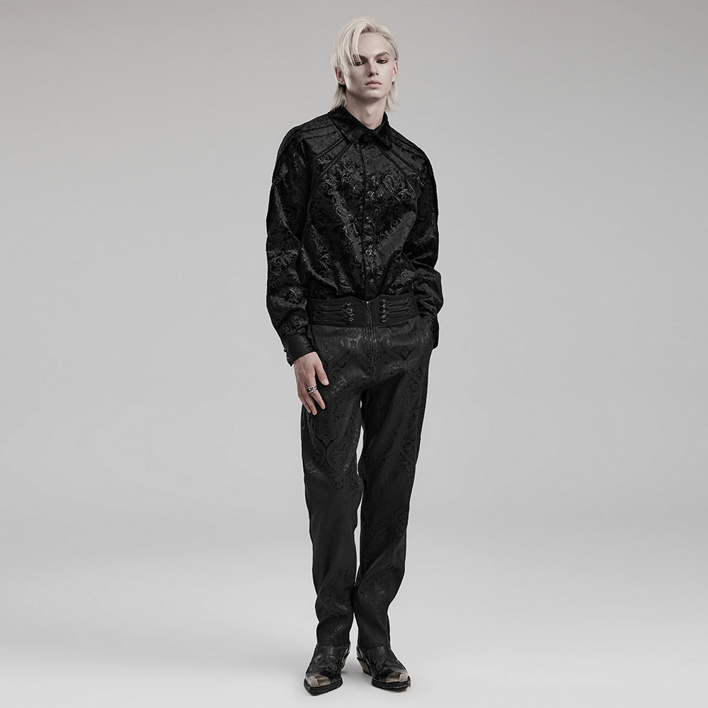 Elegant gothic style trousers and shirt set, featuring intricate jacquard pattern and refined fit for men.