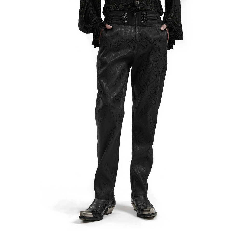Elegant goth men's jacquard trousers with intricate patterns for refined gothic style fashion.
