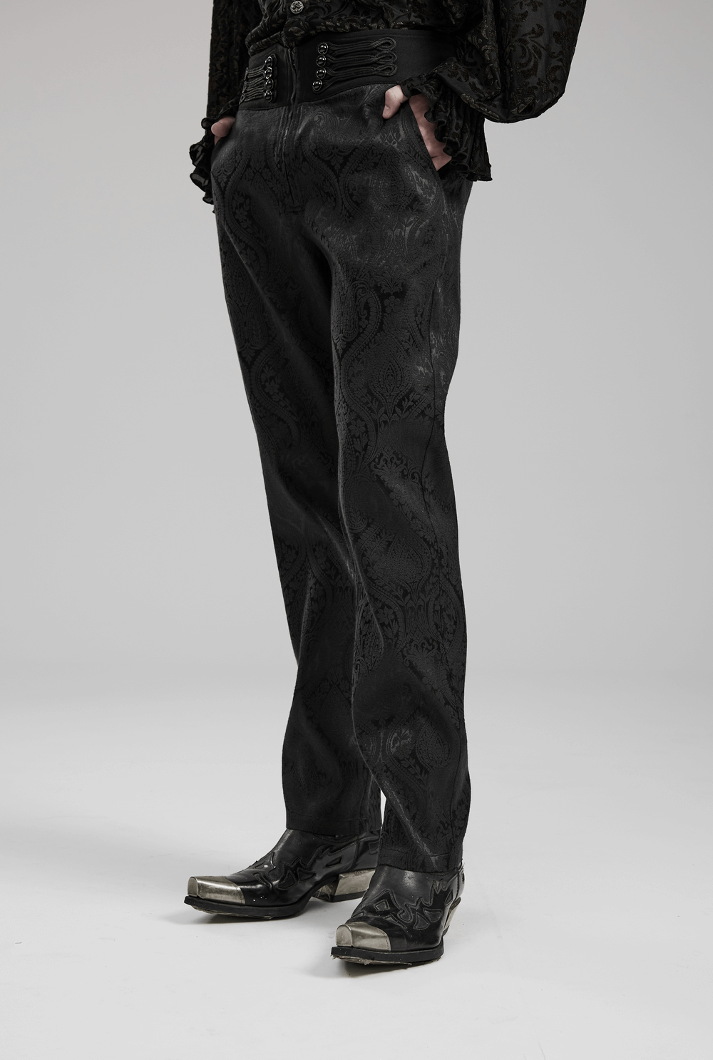 Gothic style Victorian jacquard twill trousers for men, featuring intricate fabric patterns and hand-sewn buttons.