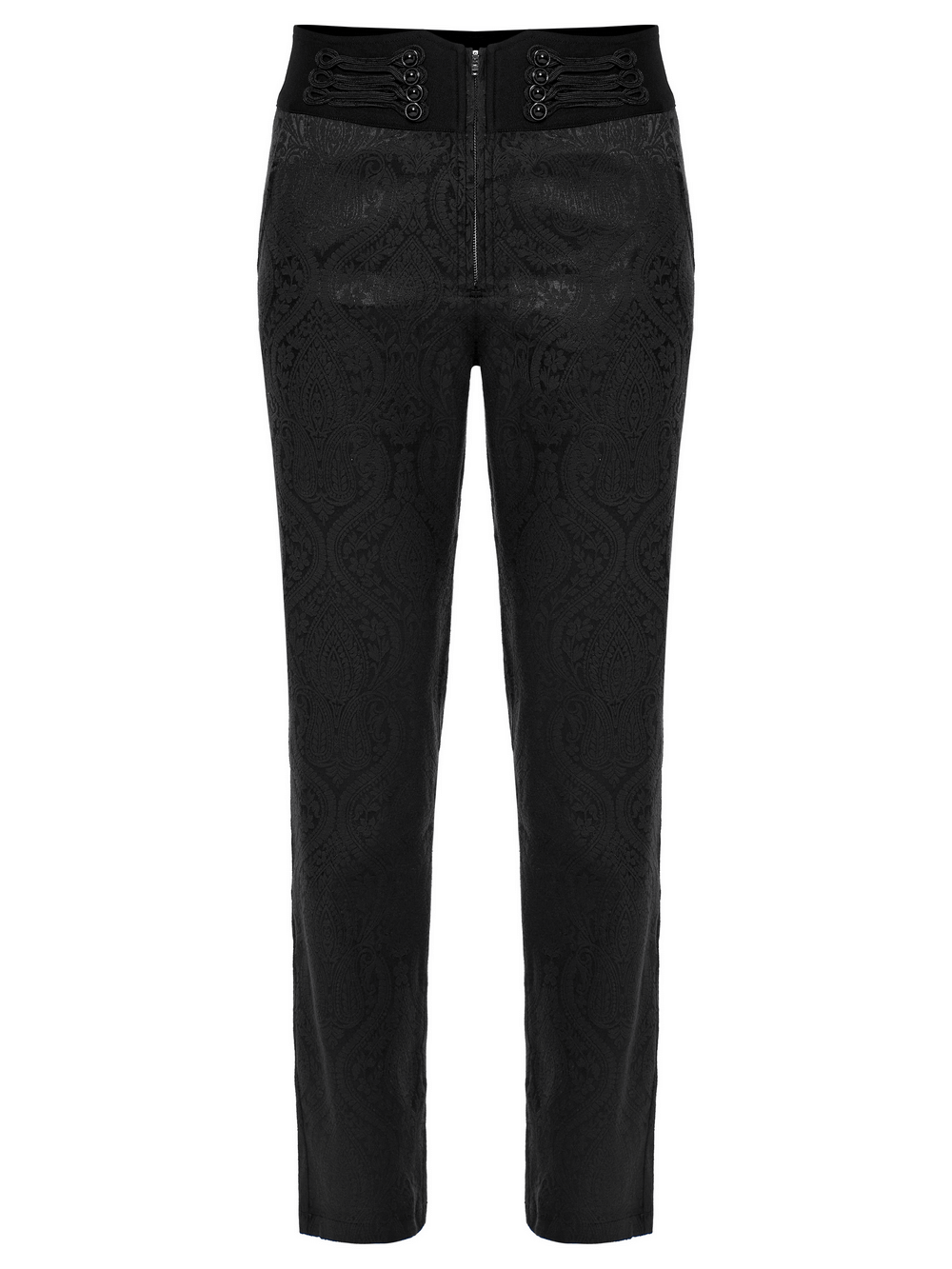 Victorian Jacquard Twill Goth Men's Trousers in black with intricate pattern and decorative buttons, showcasing refined gothic style.