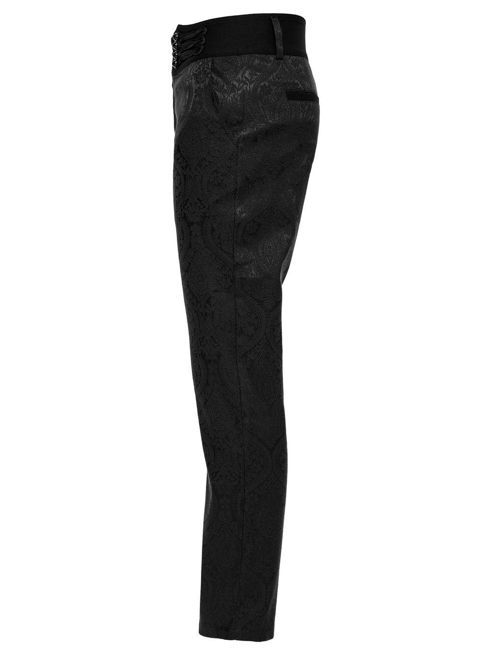 Victorian Jacquard Twill Goth Men's Trousers in black, featuring tailored fit and elegant fabric pattern.