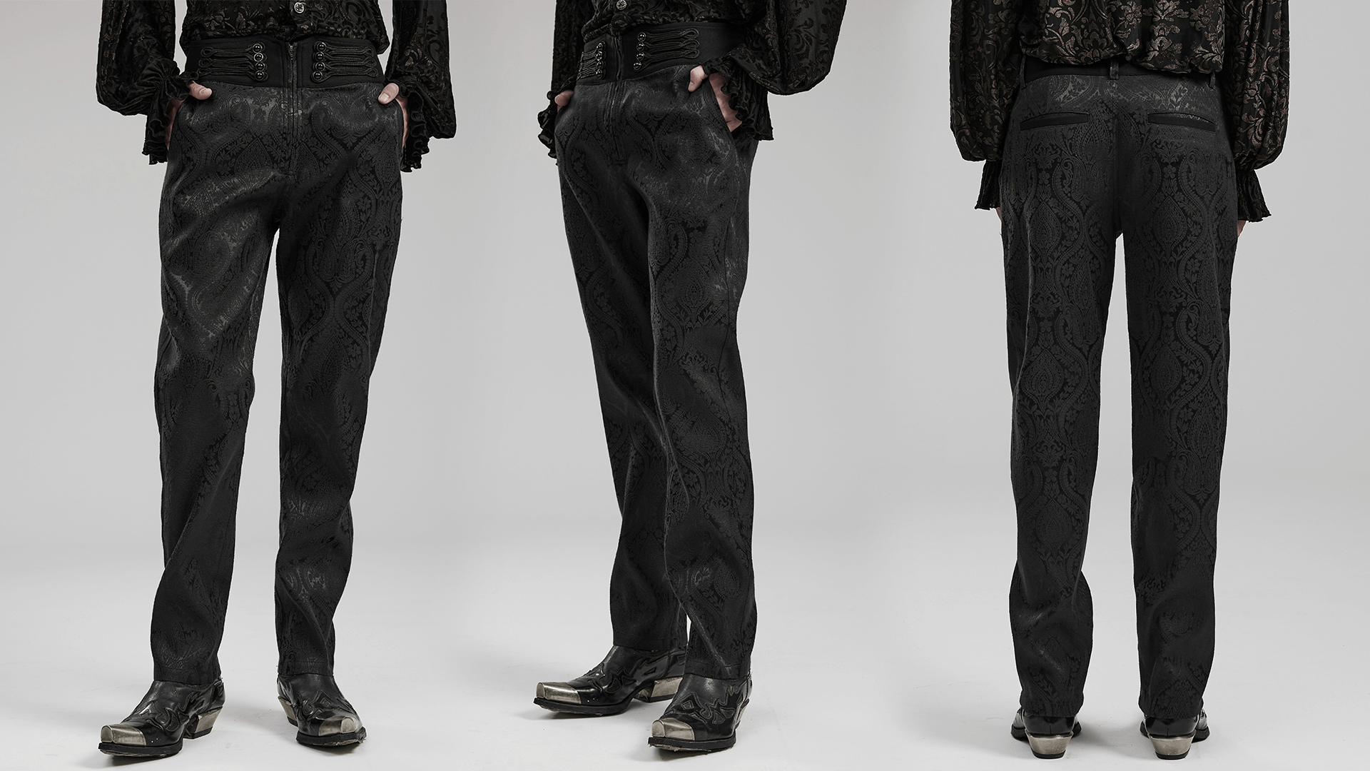 Gothic style Victorian jacquard twill trousers for men, showcasing intricate patterns and elegant details.