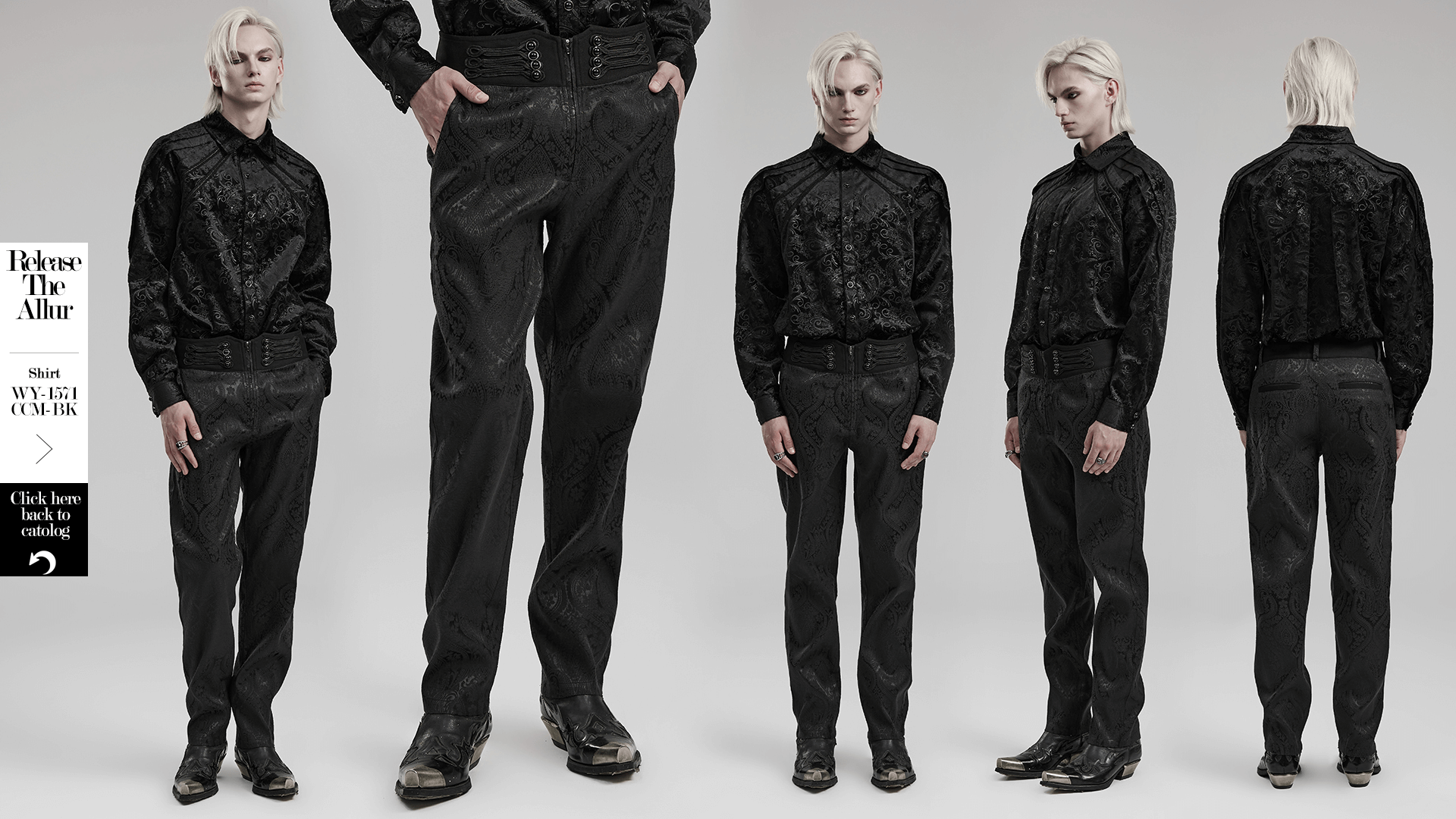 Victorian-inspired Gothic Jacquard Twill Men's Trousers featuring detailed fabric pattern and elegant design.