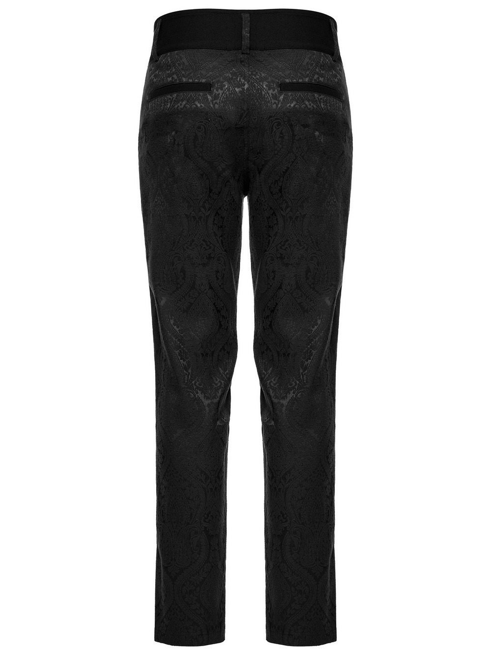 Back view of Victorian Jacquard Twill Goth Men's Trousers showcasing intricate fabric pattern and modern cut.