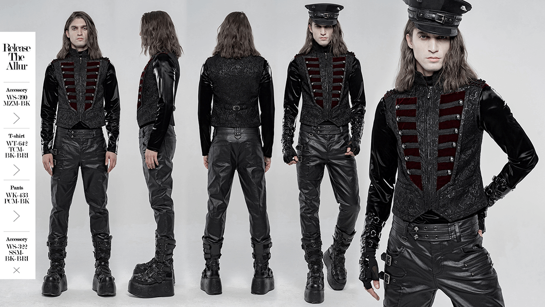 Gothic men's waistcoat with velvet details and military-inspired design, styled for a bold fashion statement.