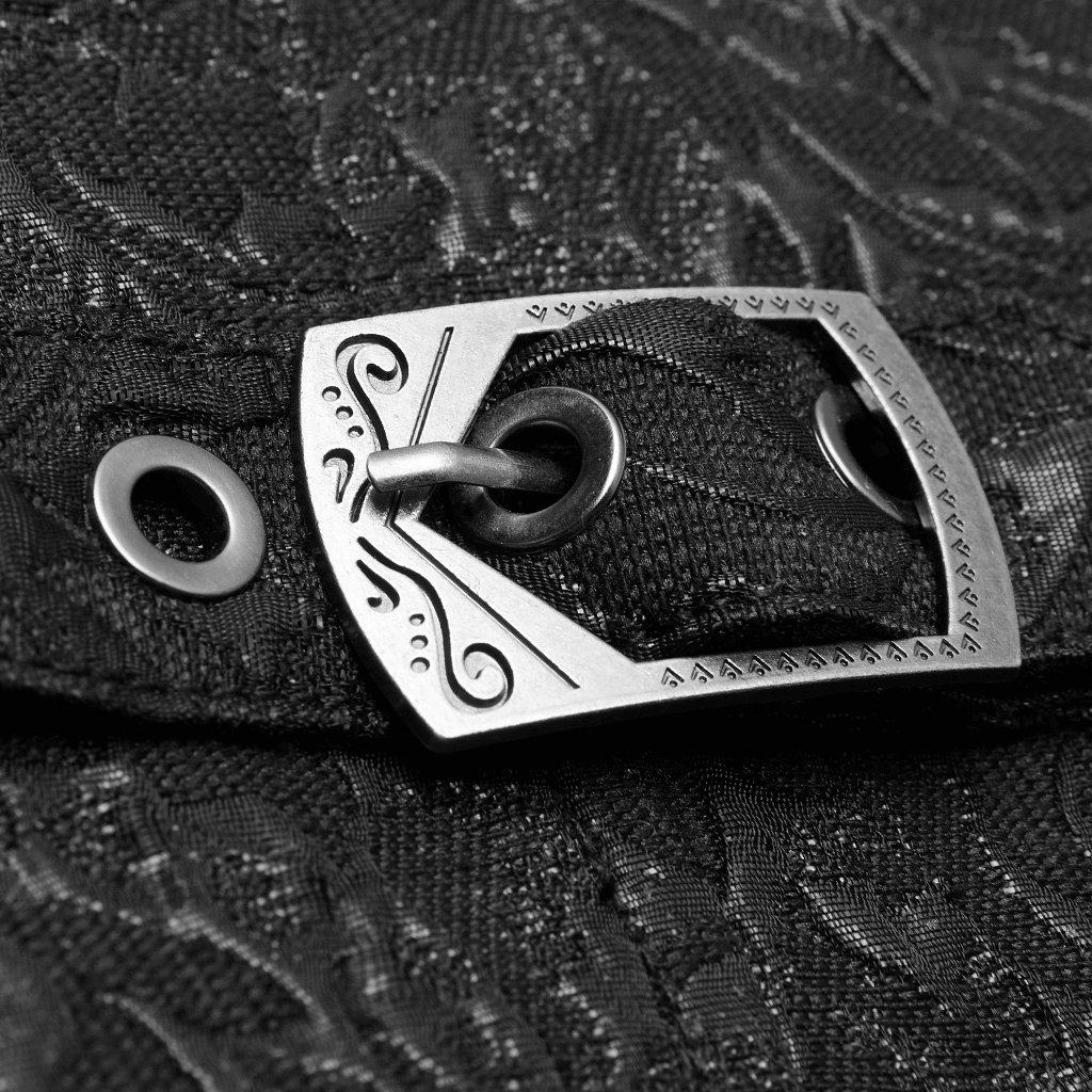 Close-up of intricate buckle detail on Victorian Jacquard Velvet Gothic Waistcoat.