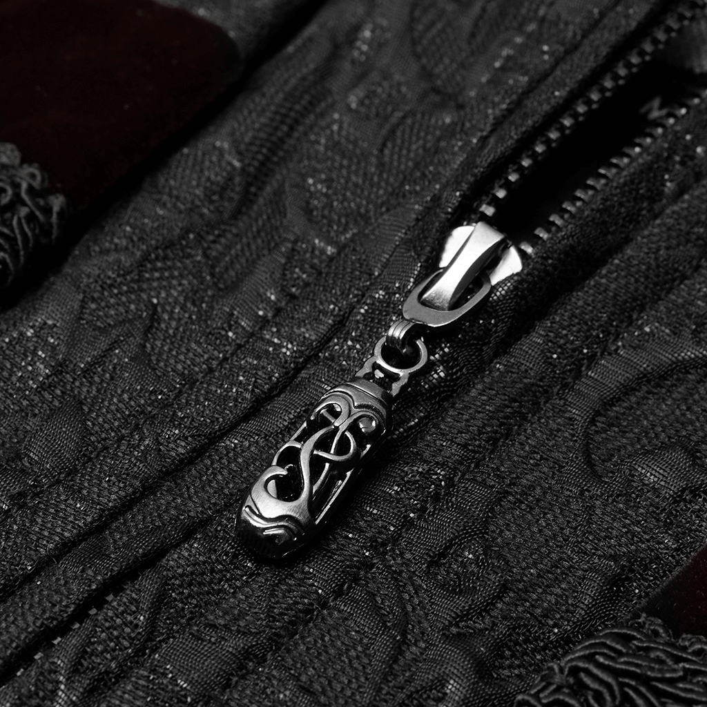 Close-up of the intricate zipper detail on a Victorian Jacquard Velvet Gothic Waistcoat, showcasing ornate vintage design.