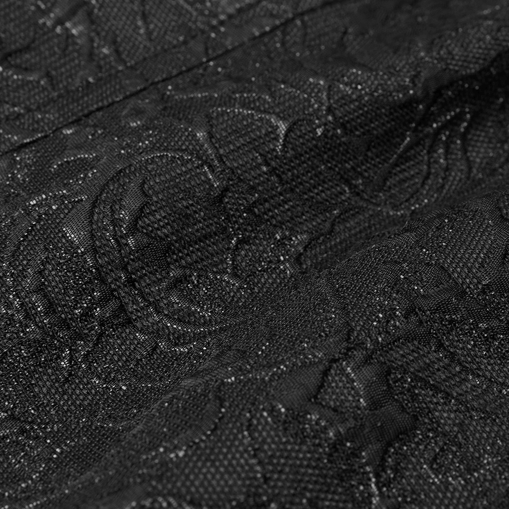 Close-up of luxurious black jacquard fabric showcasing gothic floral texture for men's waistcoat.