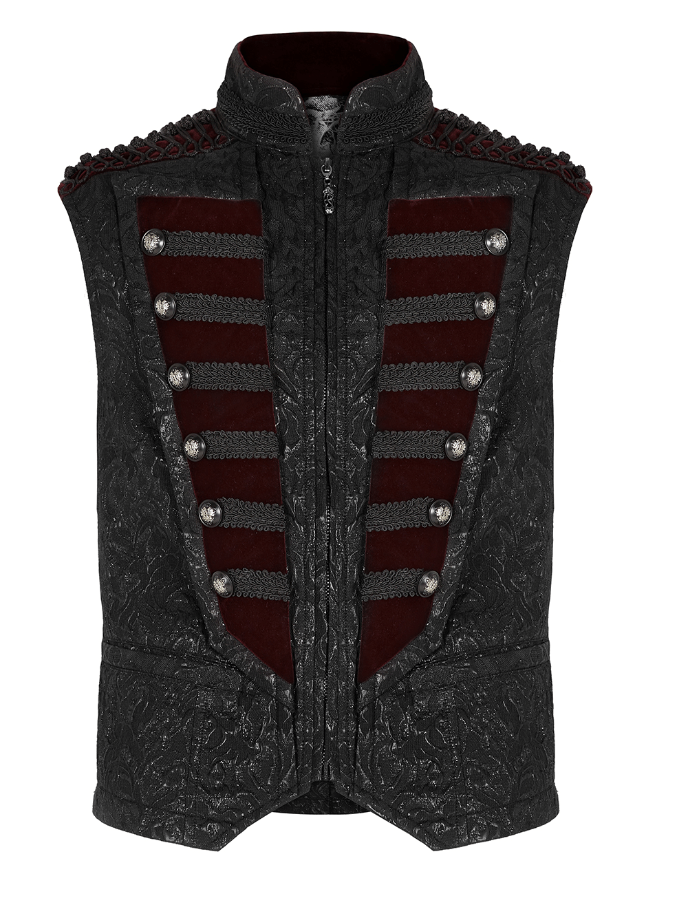 Victorian jacquard velvet men's gothic waistcoat with intricate details and plush embellishments.