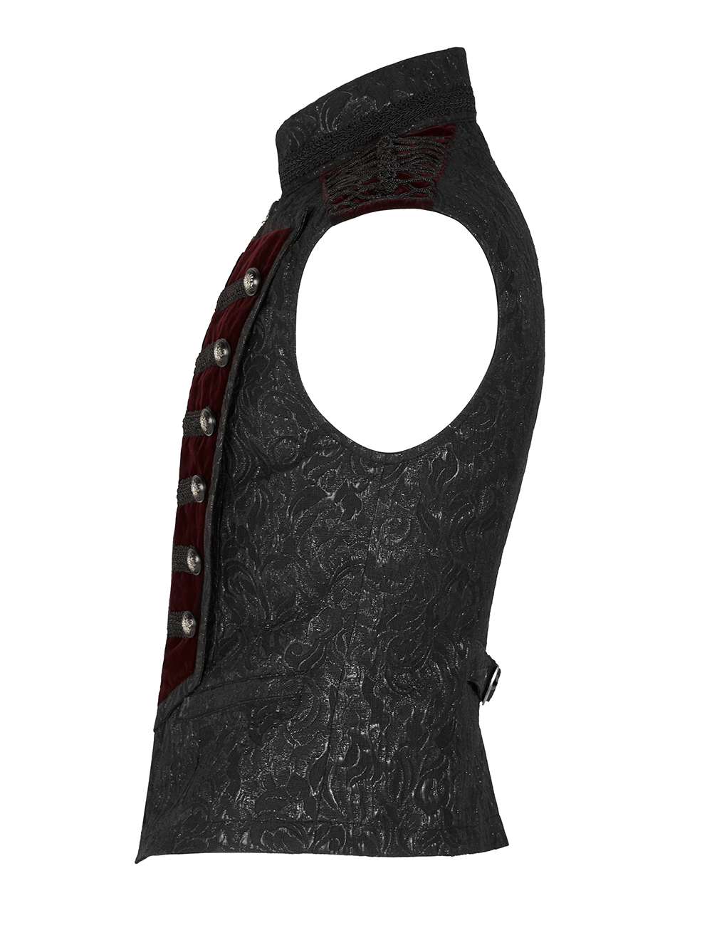 Side view of a Victorian Jacquard Velvet Men's Gothic Waistcoat with intricate detailing and plush velvet accents.