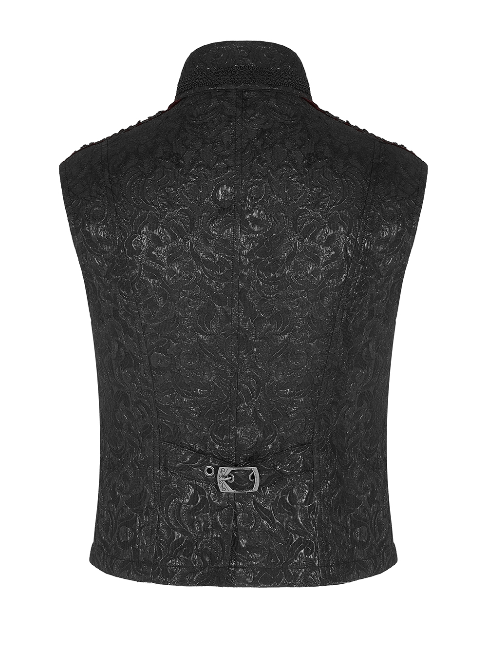 Back view of a Victorian Jacquard Velvet Men's Gothic Waistcoat with intricate lace pattern and stylish buckle detail.