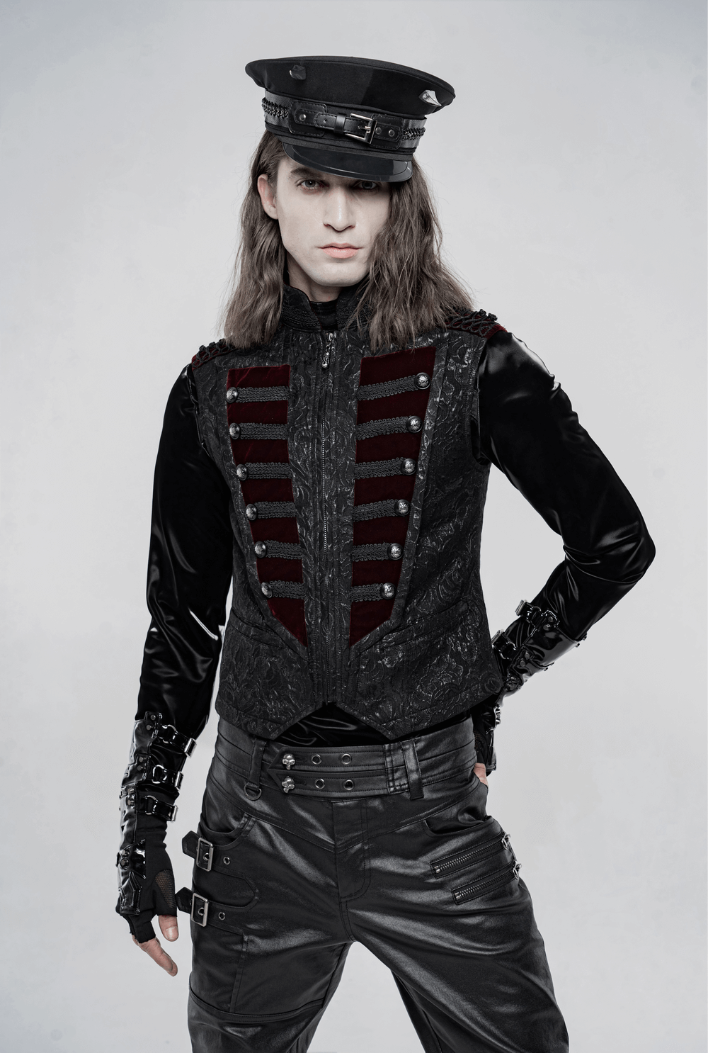 Victorian Jacquard Velvet Gothic Waistcoat worn by a man in a stylish outfit, showcasing vintage elegance and edgy fashion.