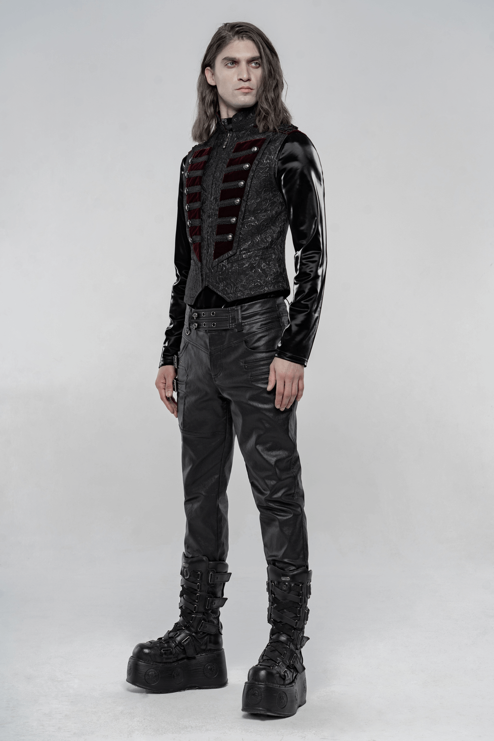 Victorian Jacquard Velvet Men's Gothic Waistcoat with stylish fitted design and unique breasted decoration in black.