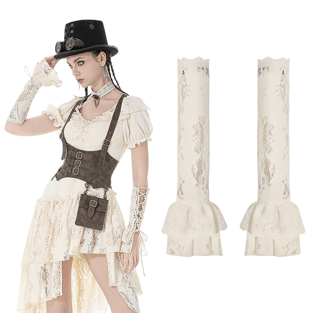Victorian Lace Arm Warmers with Ruffle Cuffs for Women displayed on a model, showcasing elegant lace and ruffle design.
