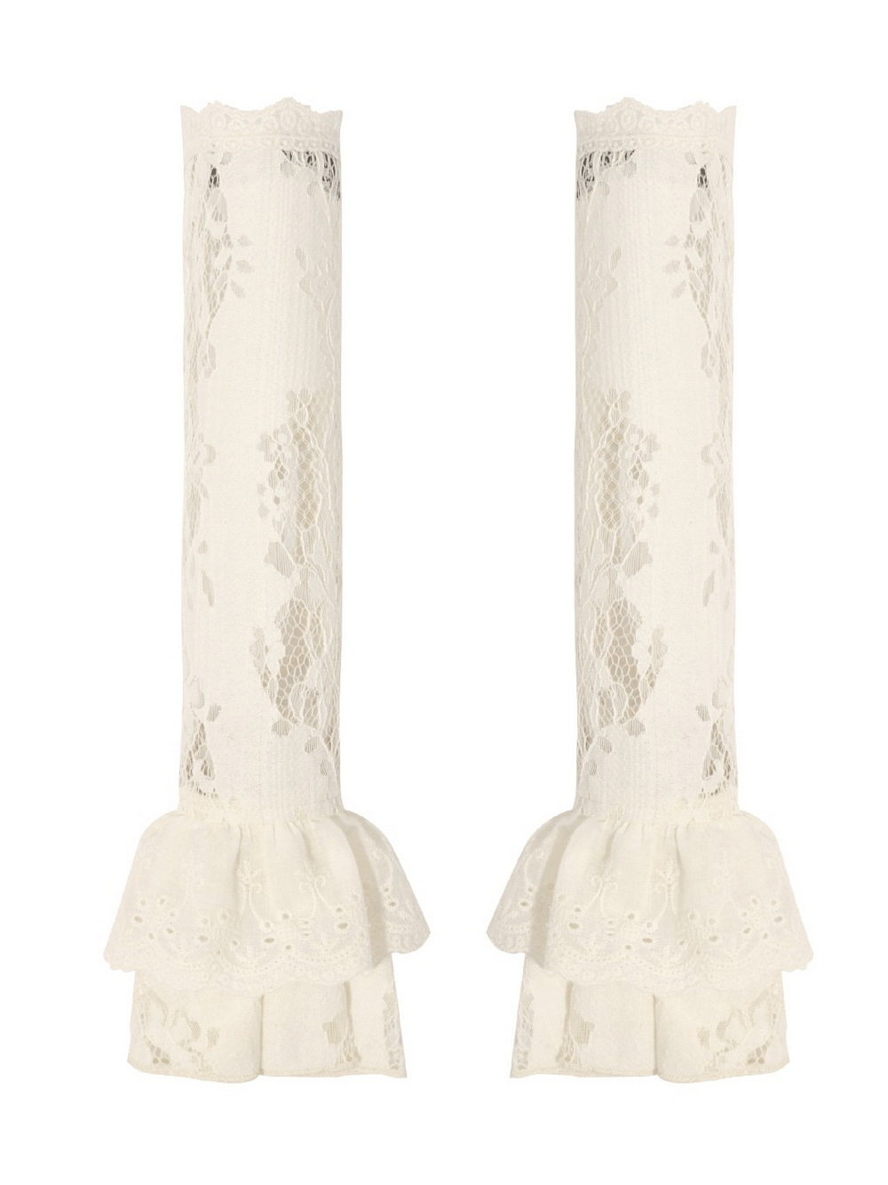 Victorian Lace Arm Warmers with Ruffle Cuffs for Women elegantly styled with sheer floral lace and tiered ruffle trim.