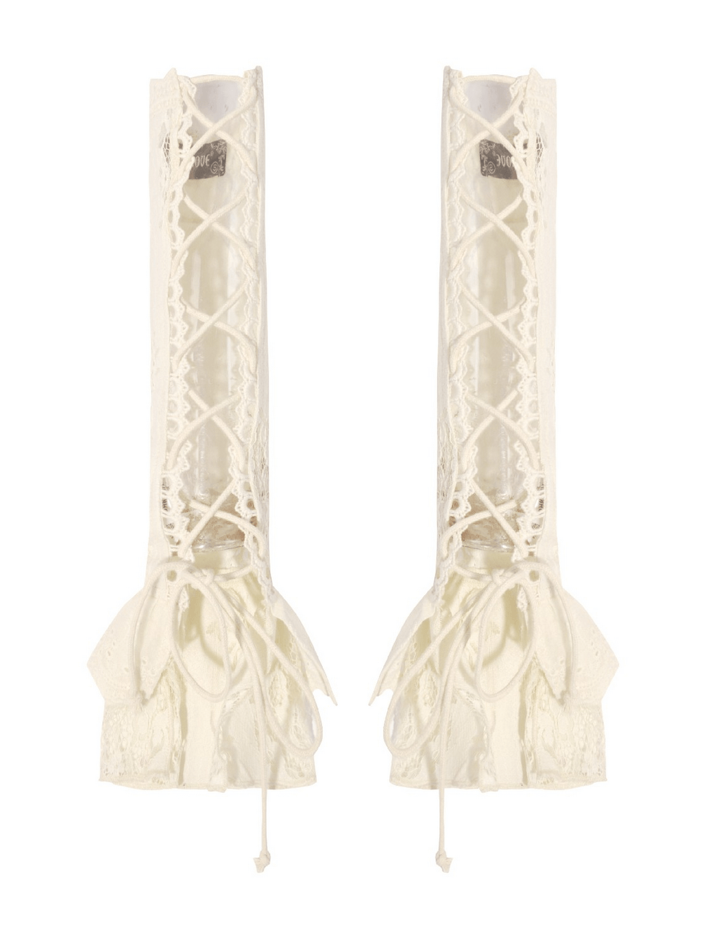 Victorian Lace Arm Warmers with Ruffle Cuffs for Women, elegant fingerless sleeves with ruffle trim and lace-up detail.