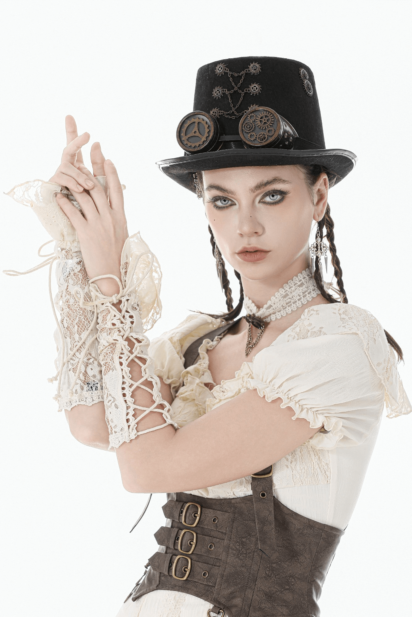 Victorian Lace Arm Warmers with Ruffle Cuffs for Women styled with a steampunk outfit and chic top hat.