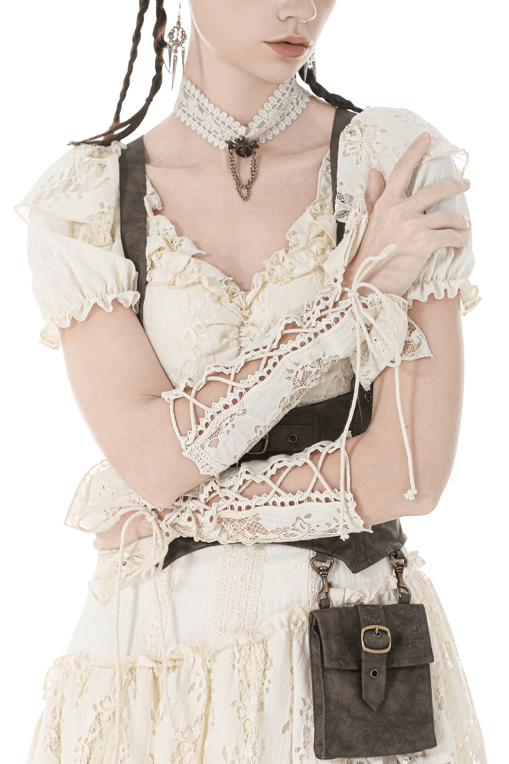 Victorian Lace Arm Warmers with Ruffle Cuffs for Women featuring elegant lace-up design and ruffle trim.