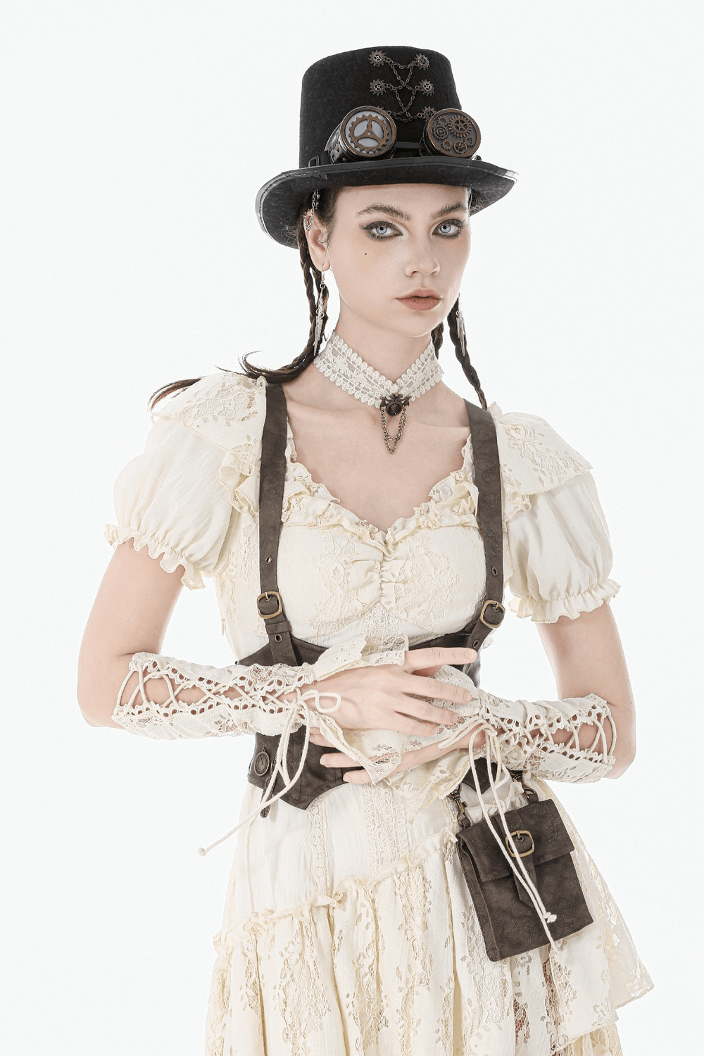Victorian Lace Arm Warmers with Ruffle Cuffs for Women styled with a vintage steampunk outfit.