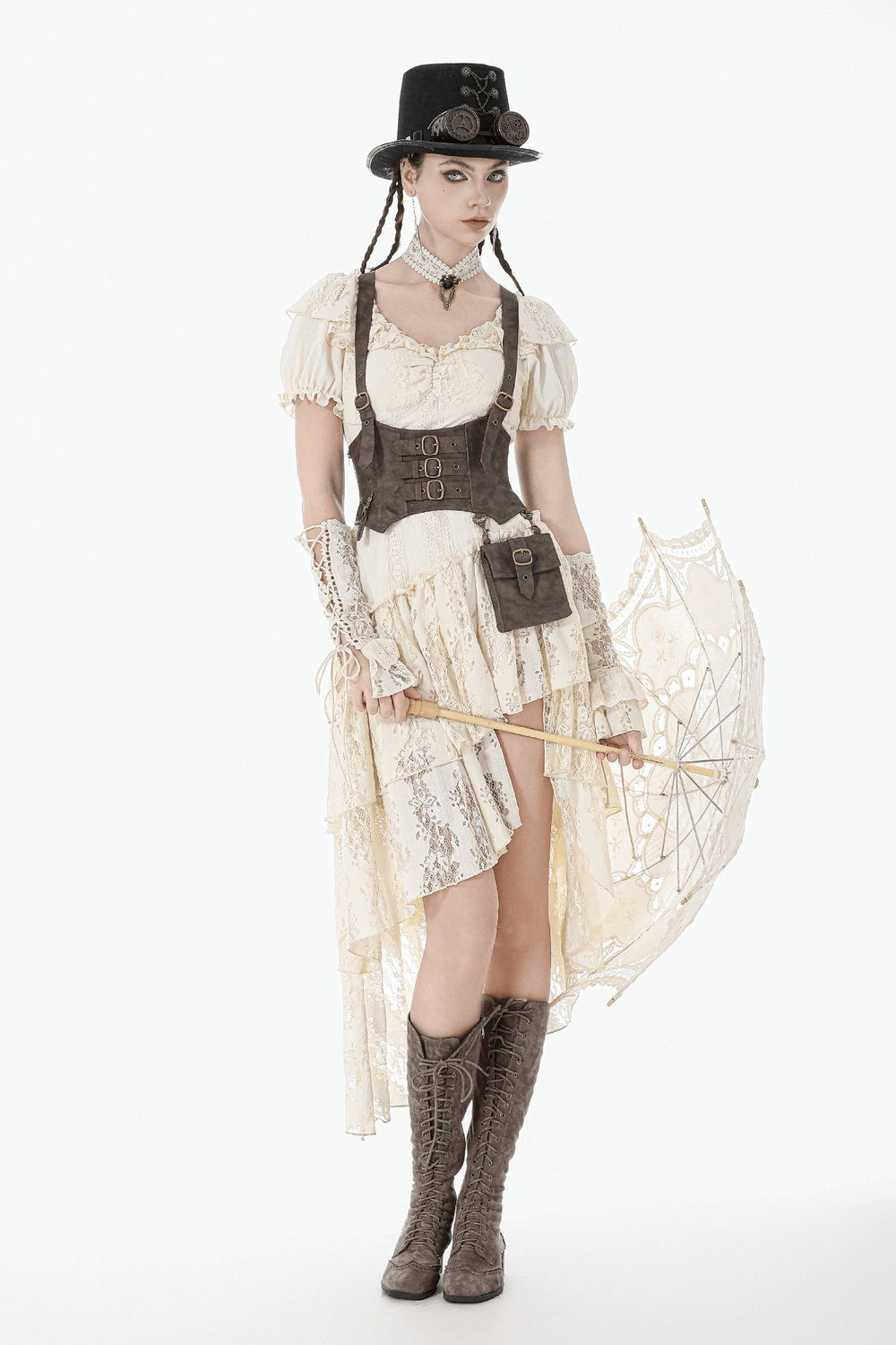 Victorian Lace Arm Warmers with Ruffle Cuffs for Women styled with a steampunk outfit and vintage accessories.