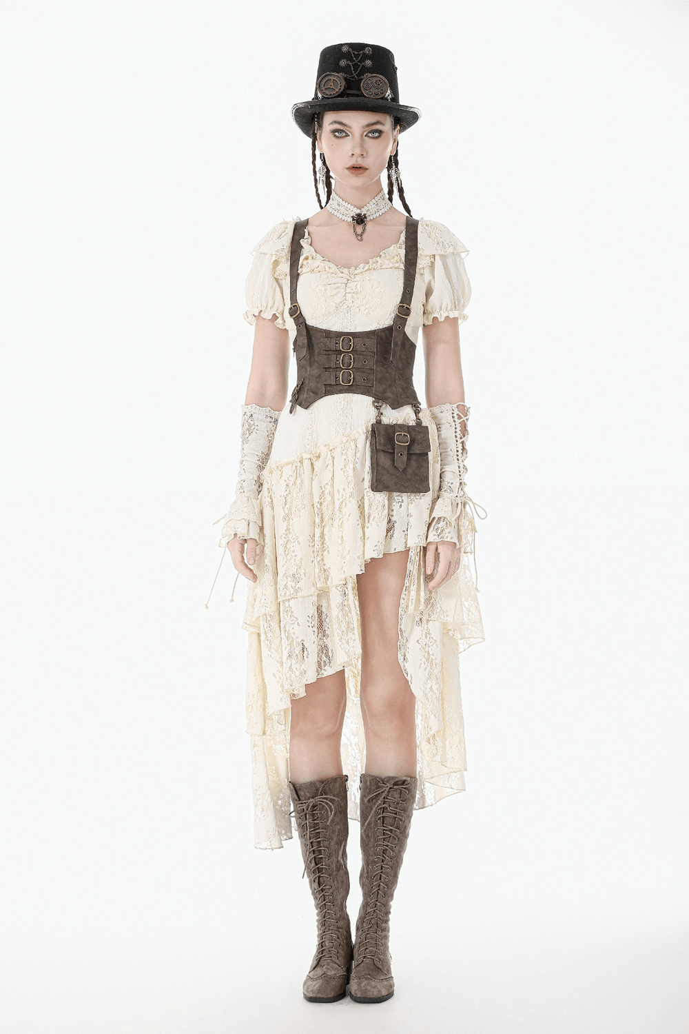 Victorian Lace Arm Warmers with Ruffle Cuffs for Women worn with a romantic goth inspired outfit and accessories.