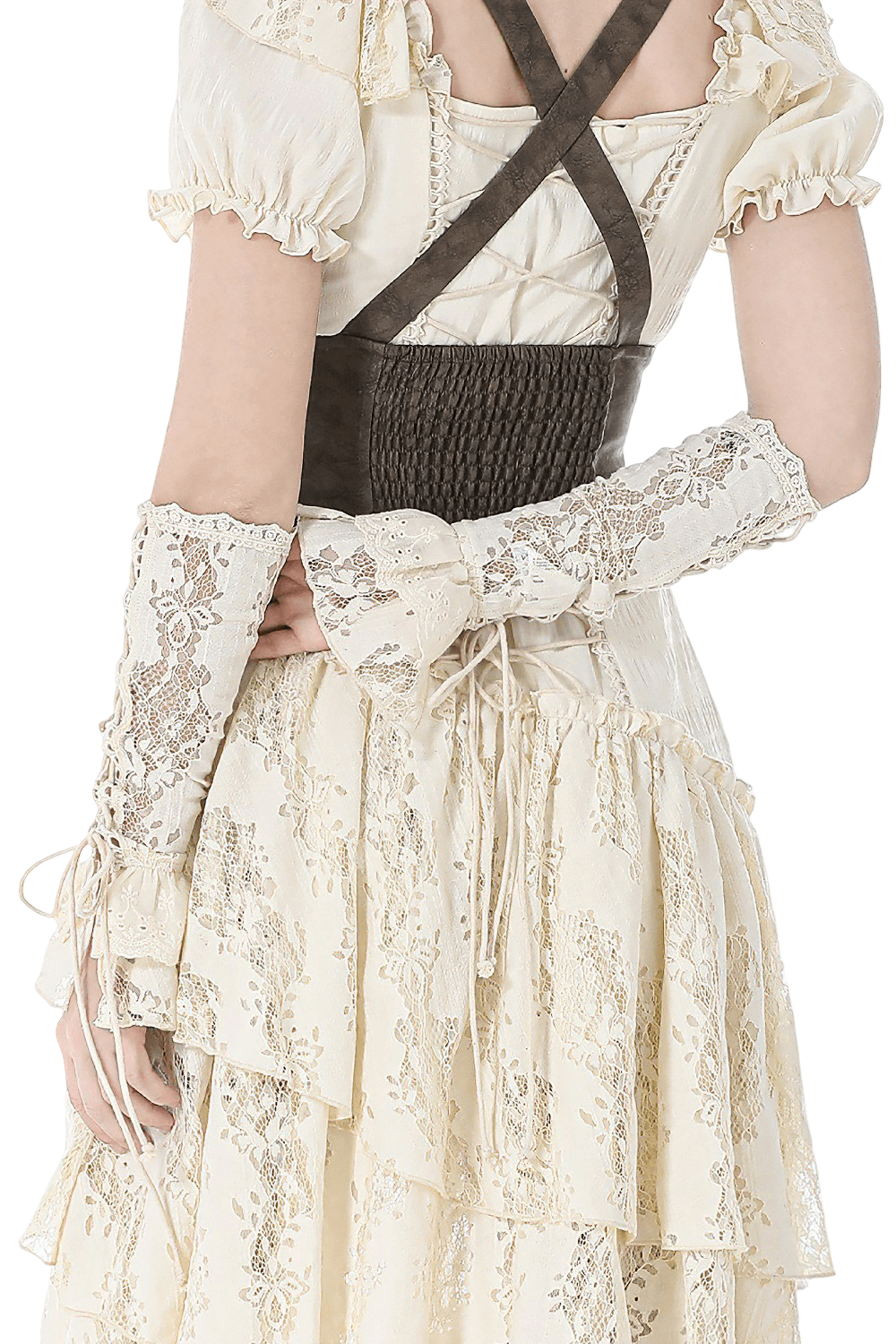 Victorian Lace Arm Warmers with Ruffle Cuffs for Women, showcasing elegant lace-up design and ruffle trim in a vintage dress.