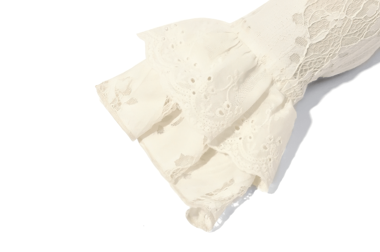 Victorian Lace Arm Warmers with Ruffle Cuffs for Women featuring elegant tiered ruffle trim and sheer floral lace.