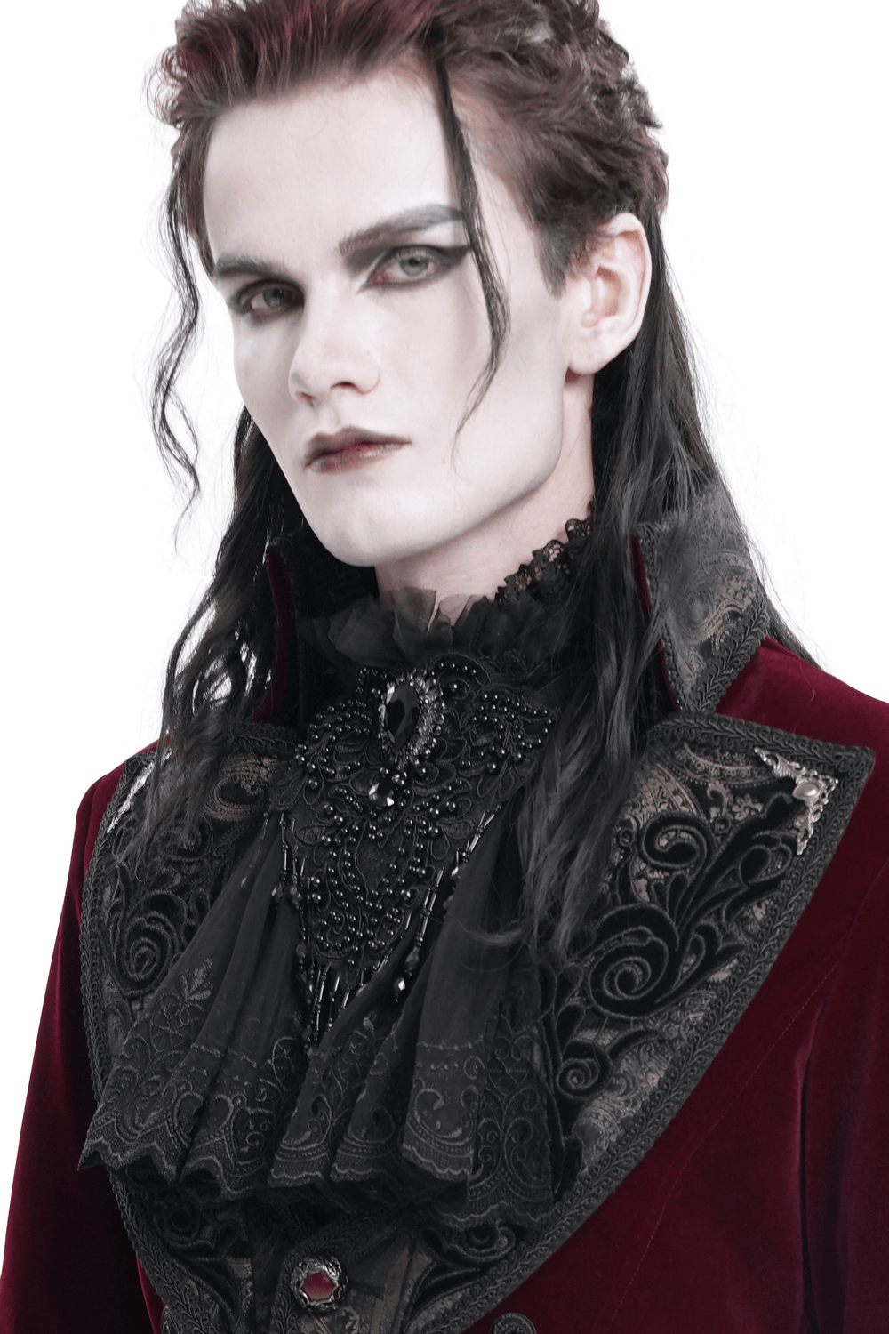 Gothic model wearing a Victorian lace collar with intricate bead and embroidery details, showcasing dark elegance.