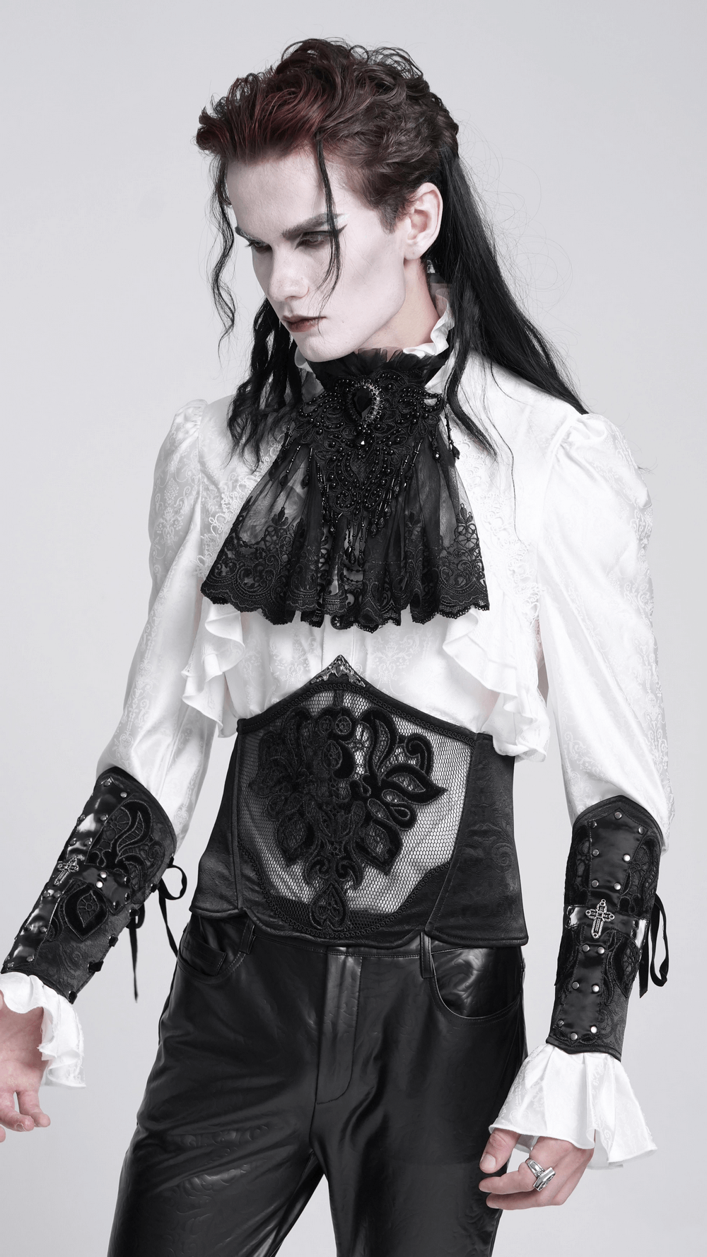 Model wearing a gothic black beaded Victorian lace collar with intricate embroidery and a dramatic white shirt.