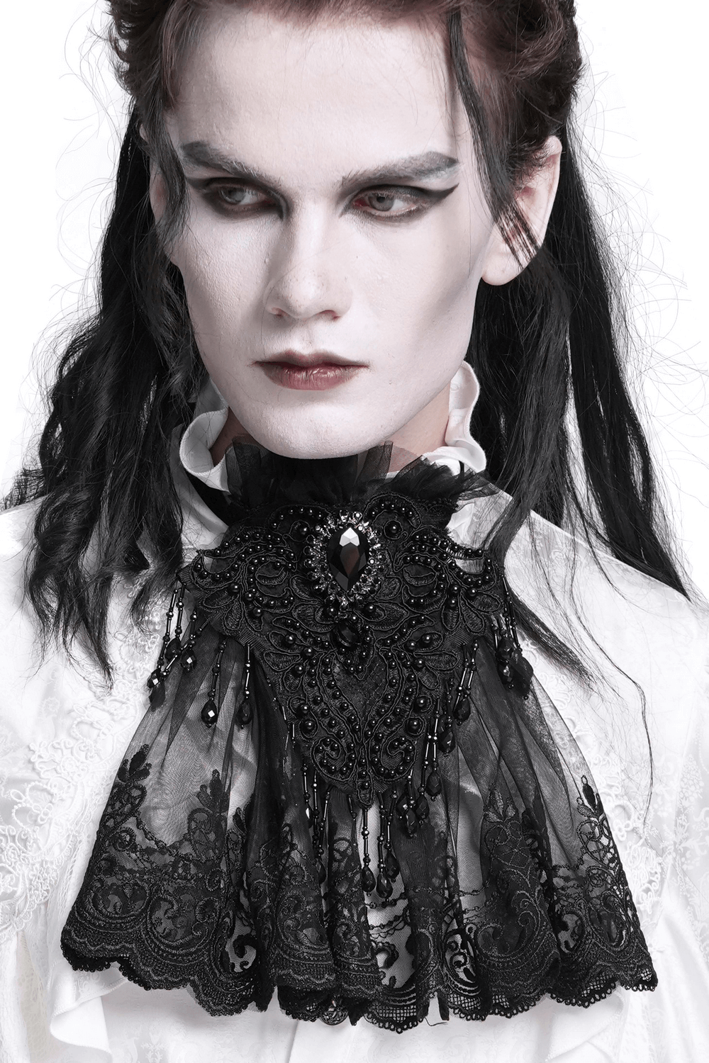 Victorian lace collar with black bead and embroidery detail, worn by a model to showcase gothic elegance.