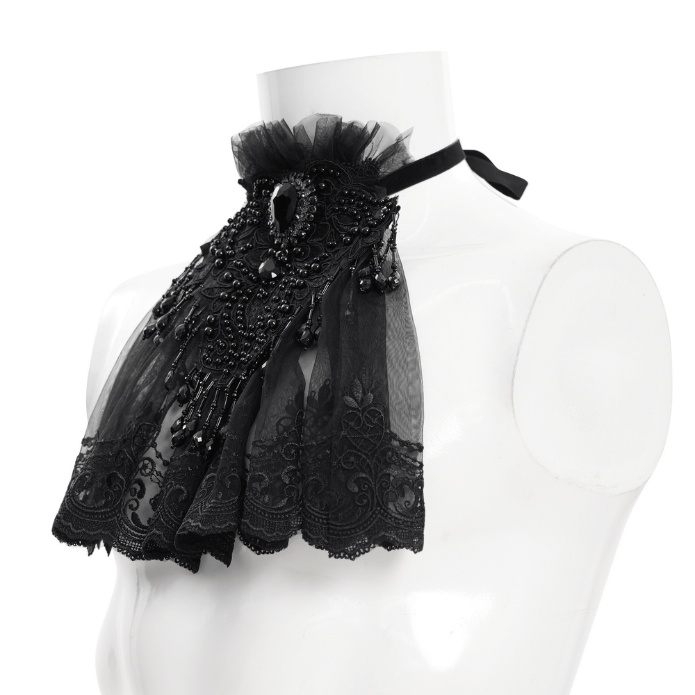 Black Victorian lace collar with intricate beadwork and elegant scalloped edge, perfect for gothic evening wear.