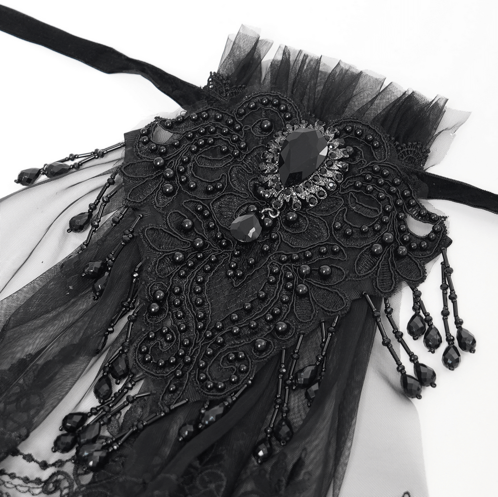 Victorian lace collar with intricate black bead and embroidery detailing, perfect for gothic-inspired fashion.