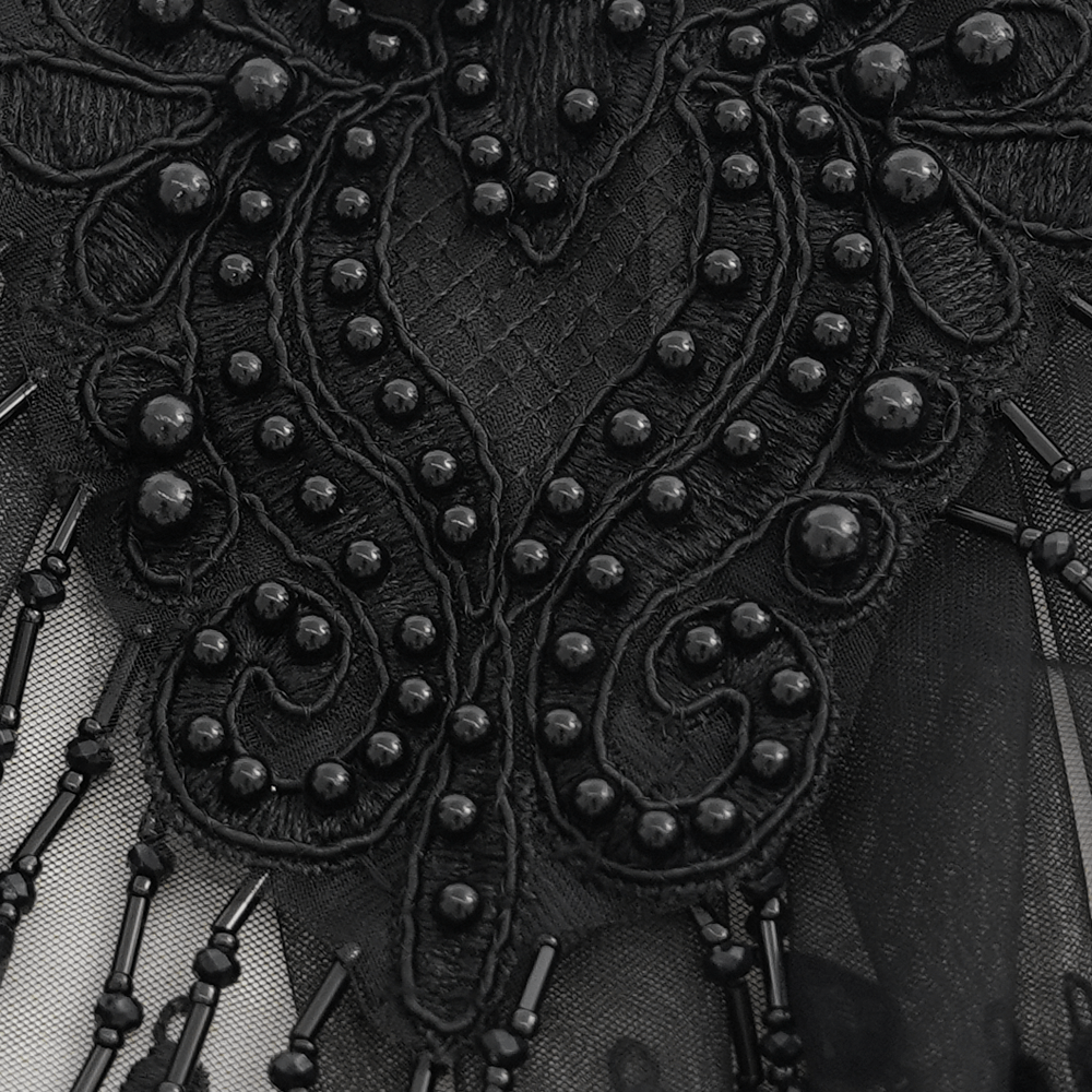 Close-up of a gothic black lace collar featuring intricate bead and embroidery details, showcasing its elegant and stylish design.