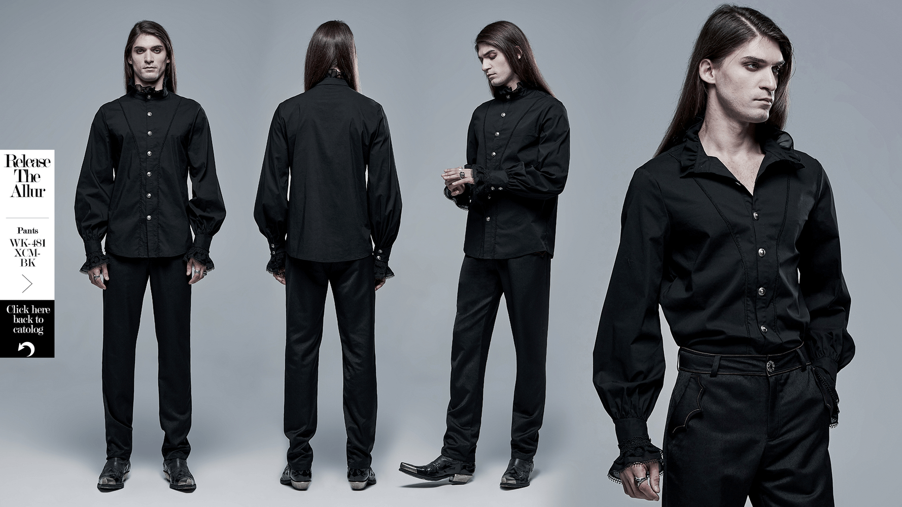Black Gothic Victorian shirt with lace cuffs on a male model, showcasing a stylish gothic and aristocratic look.