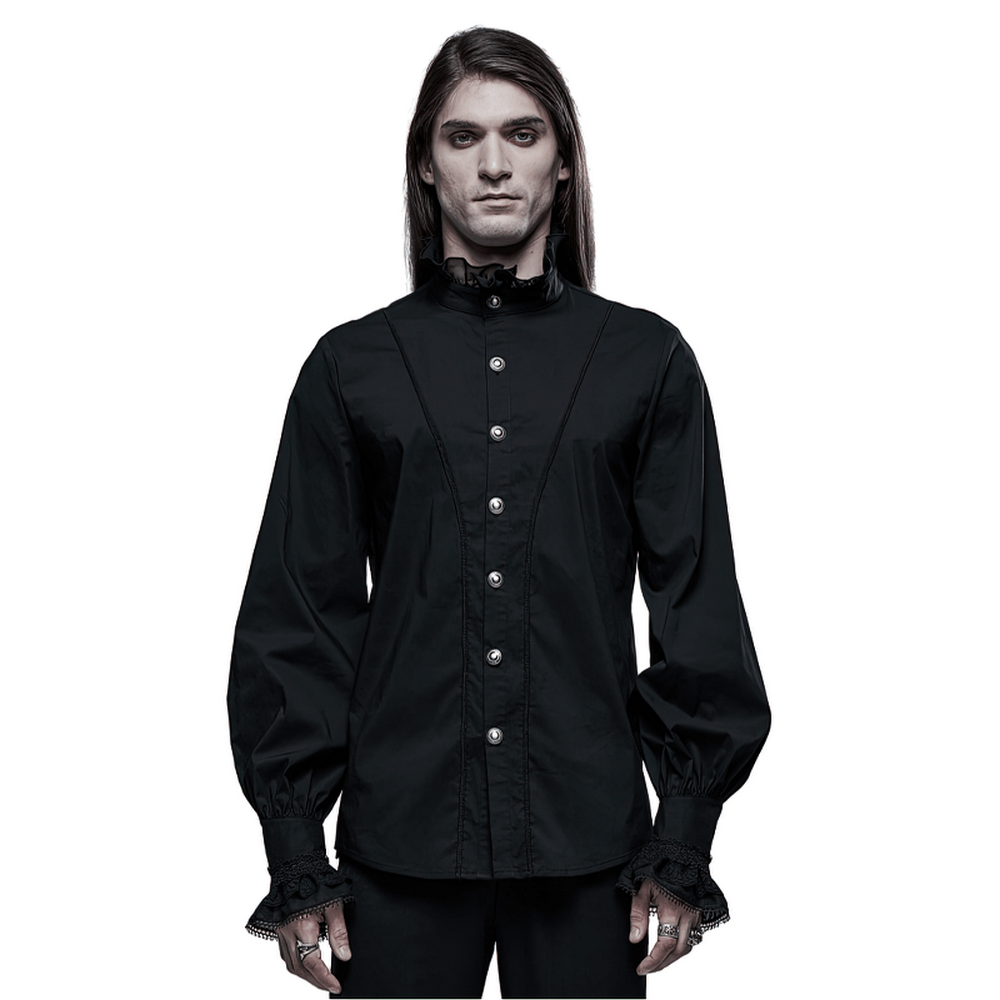 Black Gothic Victorian shirt with lace cuffs, showcasing elegance and charm in a stylish gothic design.