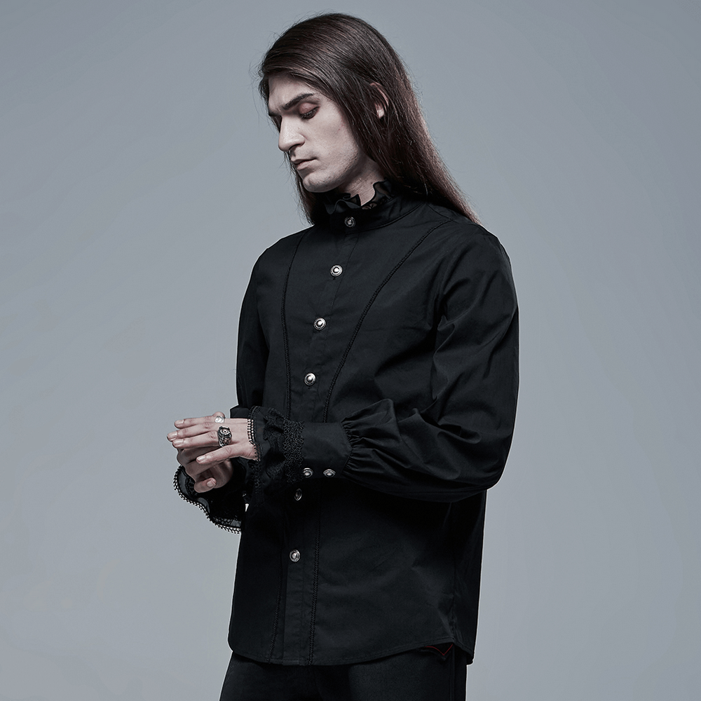 Black Gothic Victorian shirt with lace cuffs, perfect for a chic goth look, blending elegance and style.