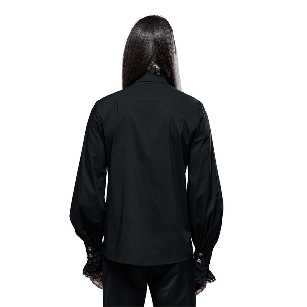 Back view of a Black Gothic Victorian shirt featuring lace cuffs and elegant puffy sleeves.