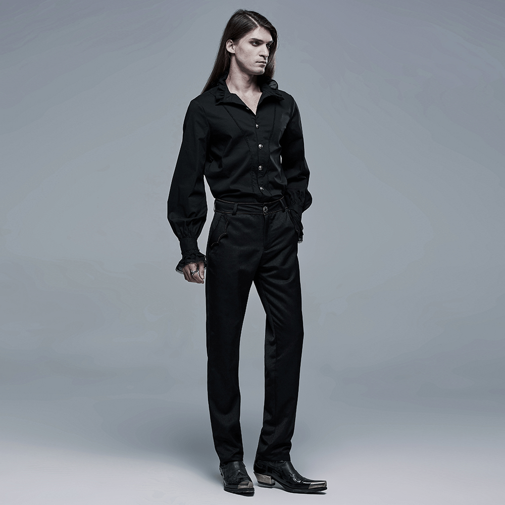 Black Gothic Victorian shirt with lace cuffs, showcasing elegant style and comfort in a fashionable look.