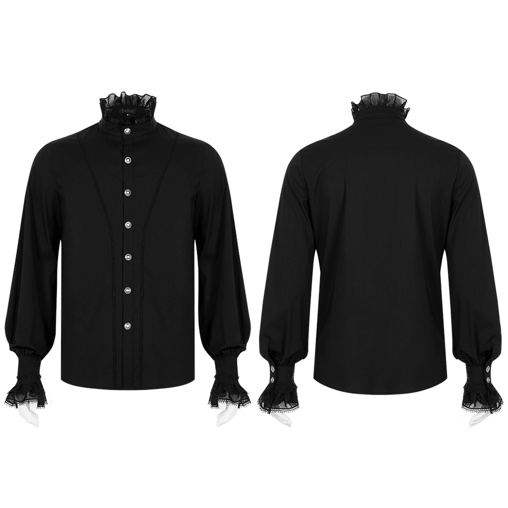 Black Gothic Victorian shirt with lace cuffs and hand-sewn buttons, showcasing elegant gothic fashion.