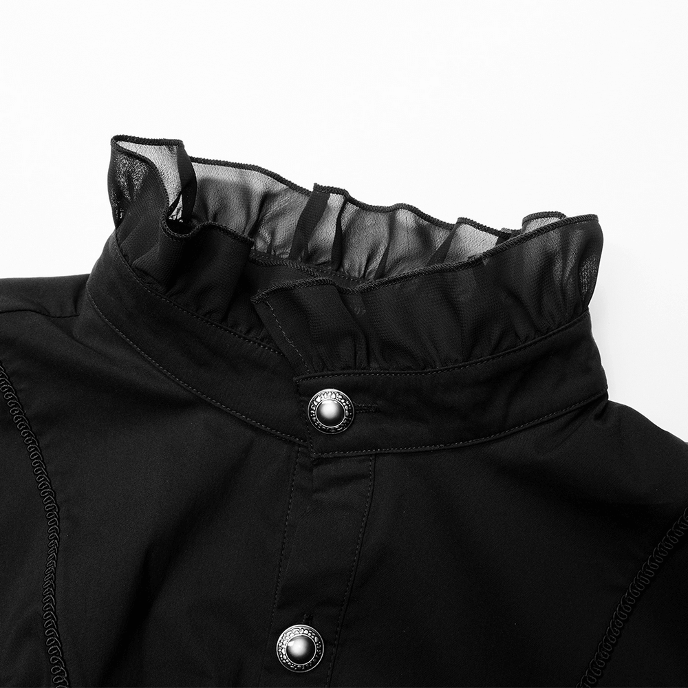 Black Gothic Victorian shirt collar with ruffled lace trim and button detail, perfect for a dramatic gothic look.