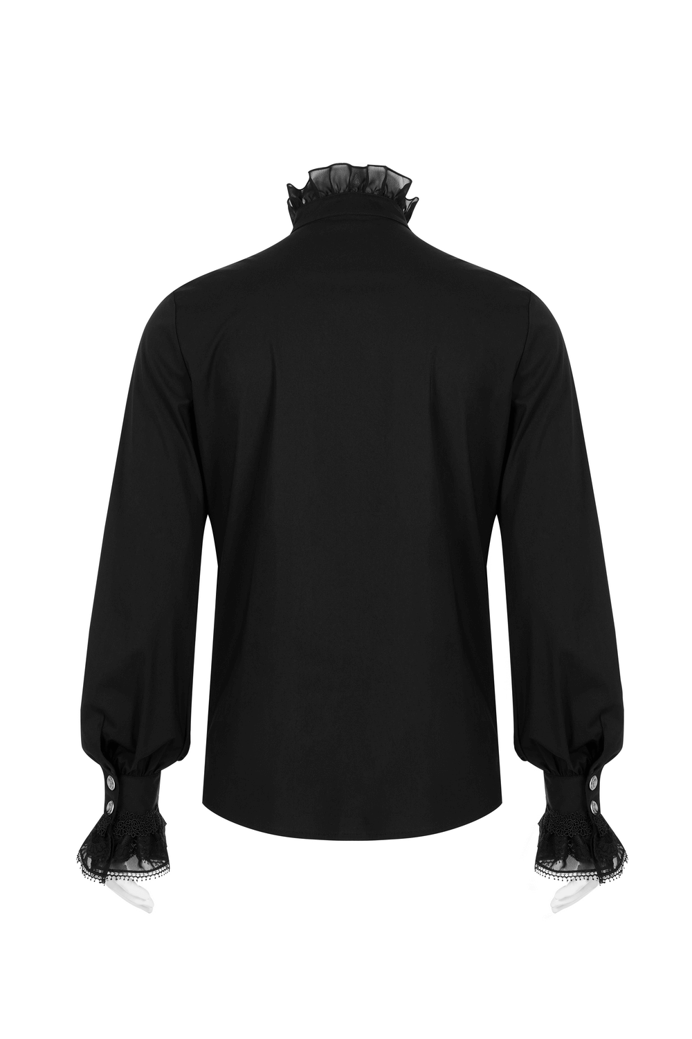 Back view of a black gothic Victorian shirt showcasing lace cuffs and ruffled collar for a chic, elegant look.