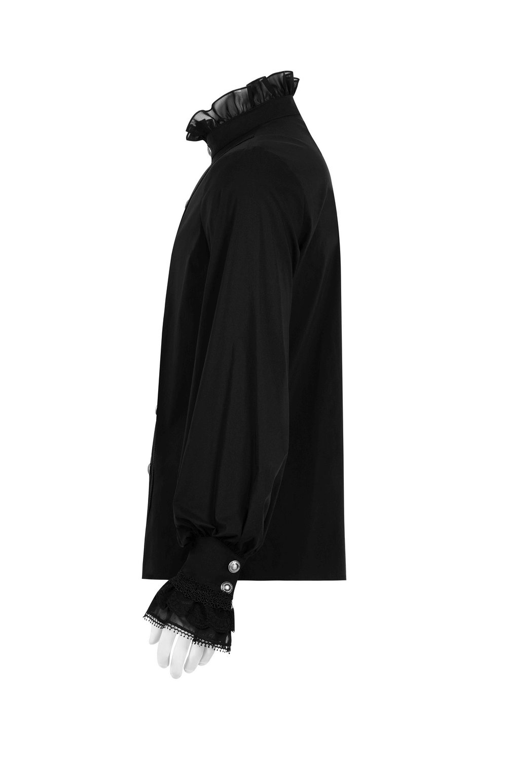 Black Gothic Victorian shirt with lace cuffs, featuring embroidered ribbon and hand-sewn buttons for a sophisticated look.