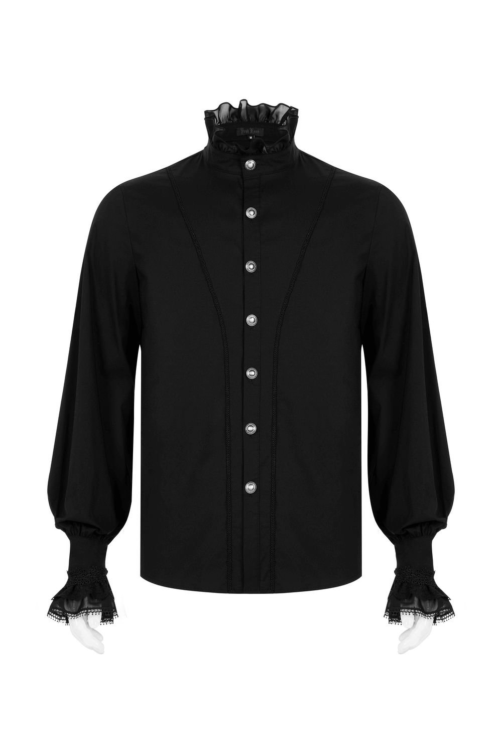 Black Gothic Victorian shirt with lace cuffs and hand-sewn buttons for a charming, aristocratic look.