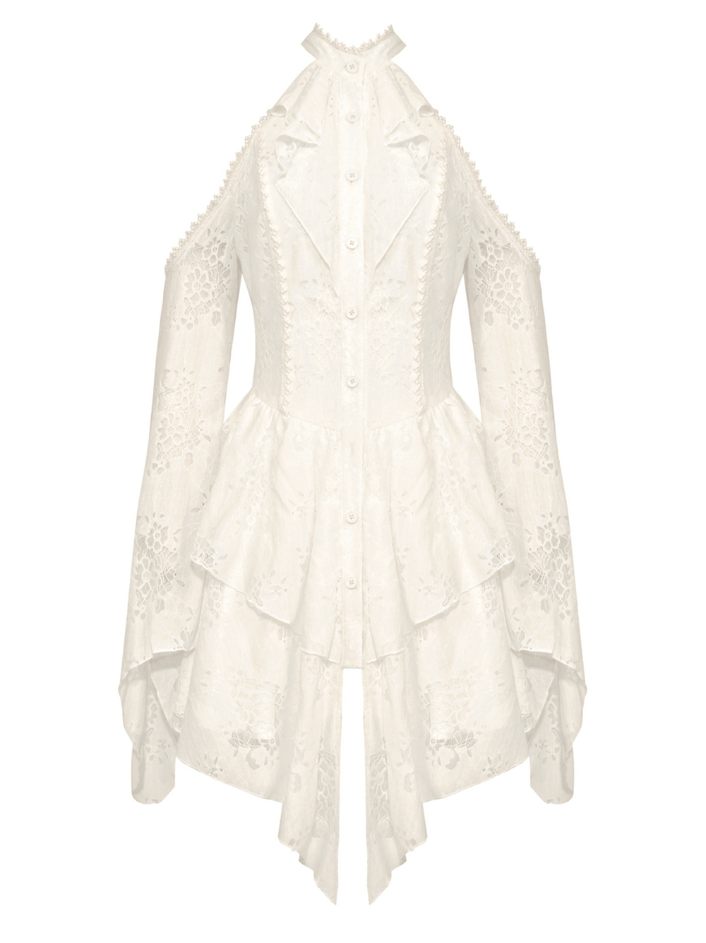 Elegant Victorian lace dress with open shoulders and tiered bell sleeves in soft white, showcasing intricate detailing and a flattering fit.