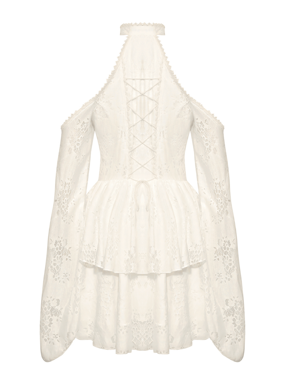 Elegant Victorian lace dress with open shoulders and tiered bell sleeves, showcasing intricate lace detailing and corset lacing.