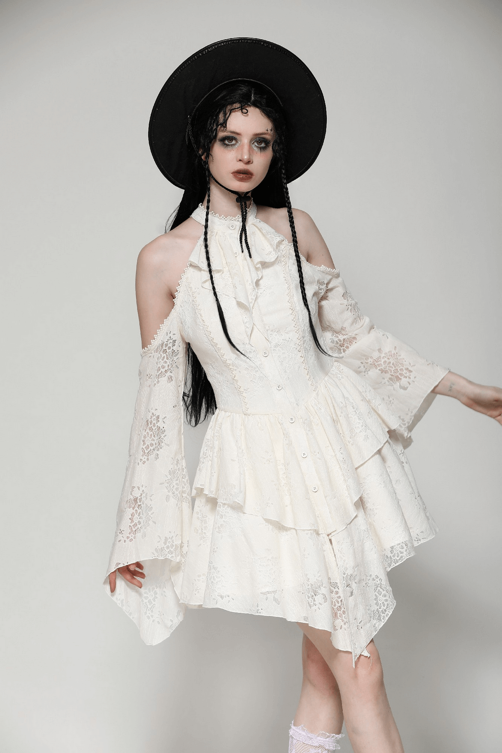 Romantic Victorian lace dress with open shoulders and tiered bell sleeves, perfect for gothic or vintage-inspired looks.