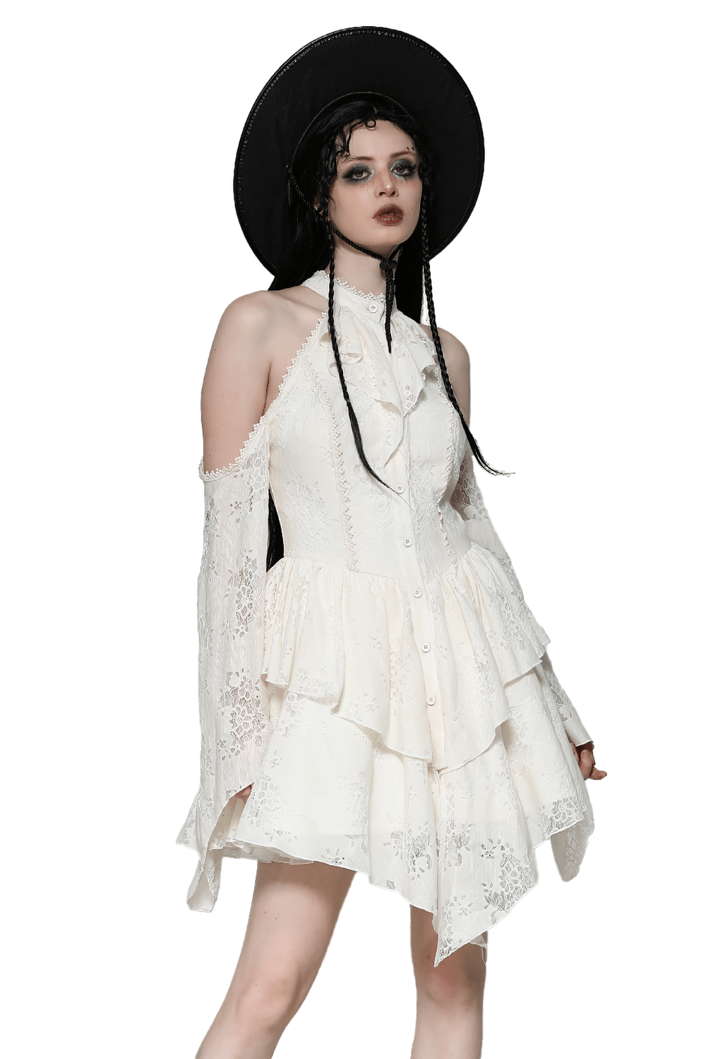 Victorian lace dress with open shoulder design, tiered bell sleeves, and a fitted bodice, styled with a dramatic black hat.