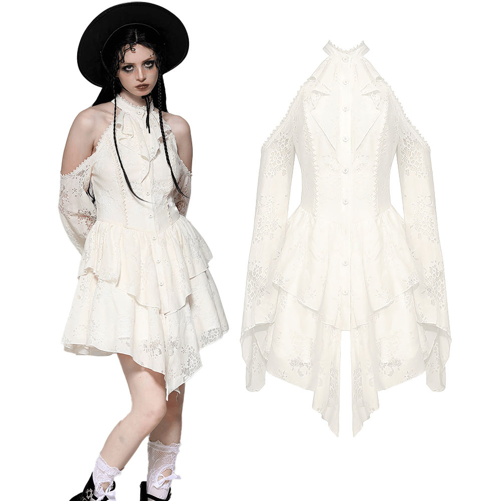 Elegant Victorian lace dress with open shoulders and tiered bell sleeves, perfect for gothic vintage-inspired looks.