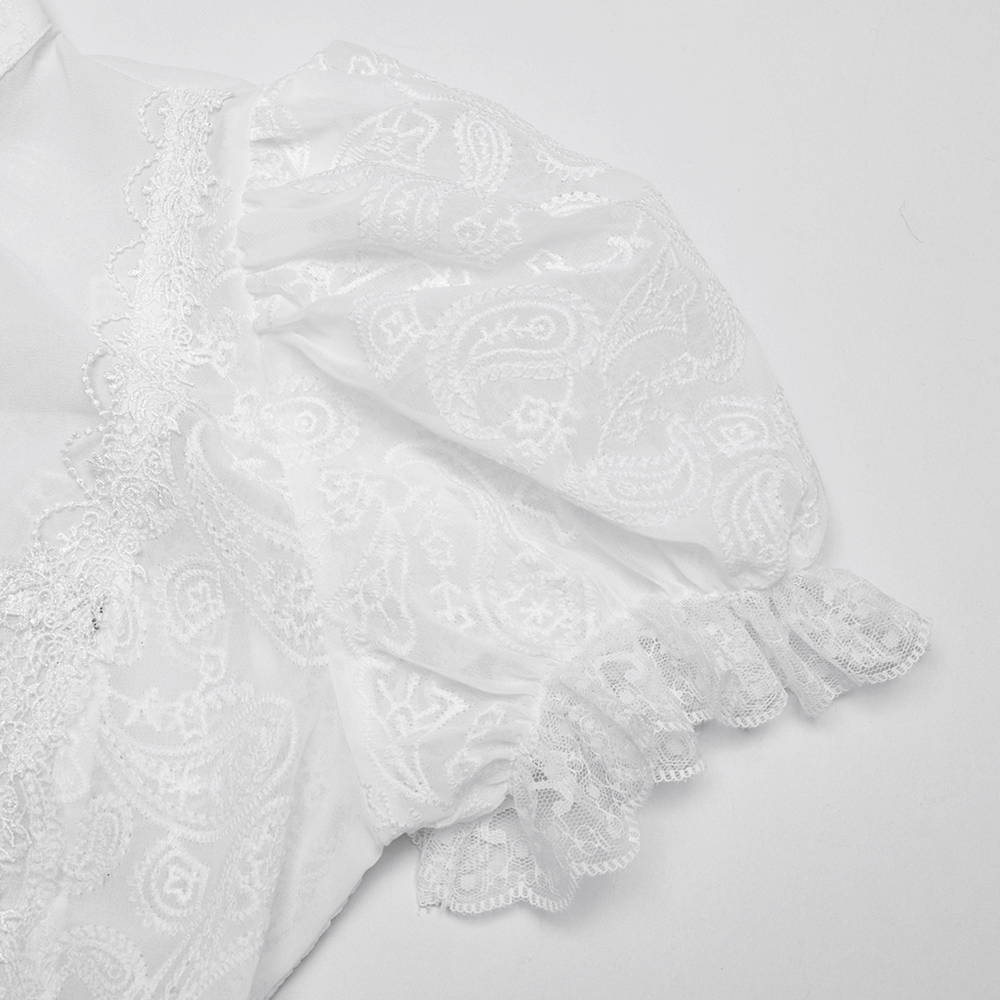 Close-up of a Victorian lace embroidered chiffon blouse's puff sleeve, showcasing intricate details and soft white fabric.