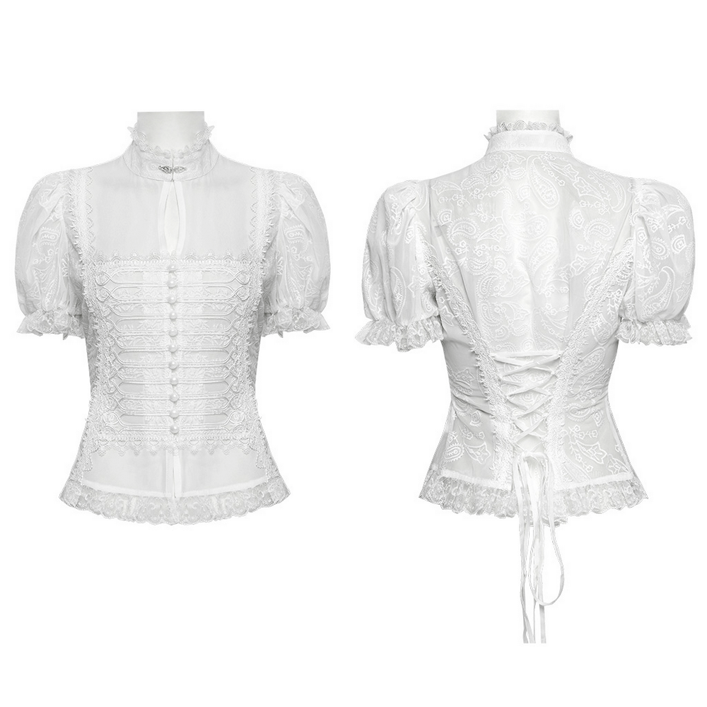Victorian lace embroidered chiffon blouse for women, featuring elegant buttons and a flattering lace-up back.